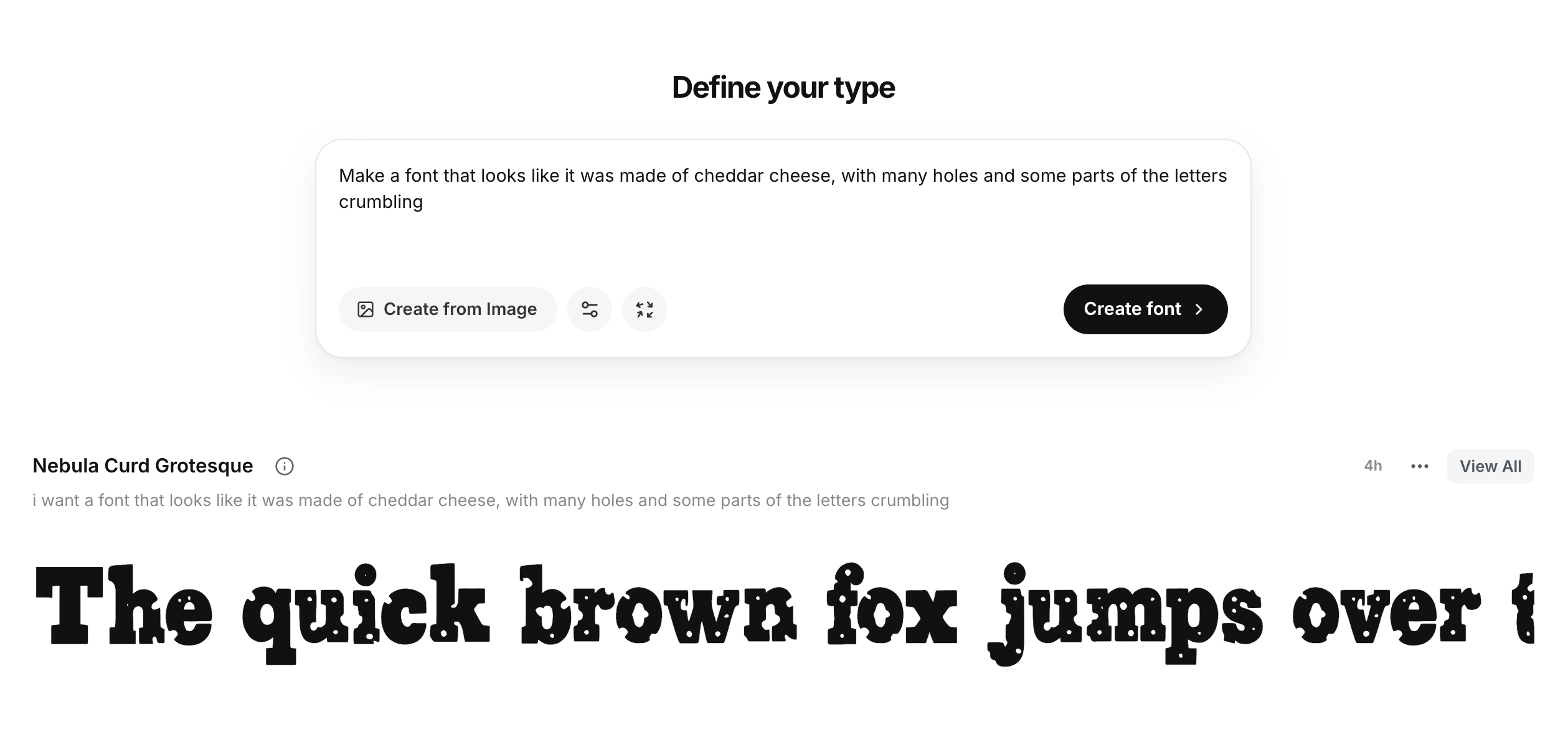 AI Font Generator preview showing a Mixfont prompt interface for creating a custom typeface.