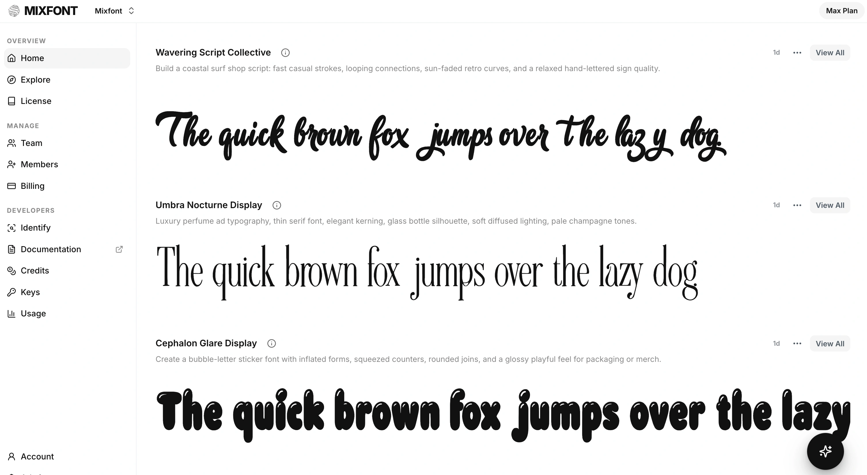 AI Font Generator preview showing a prompt-based font creation workspace.