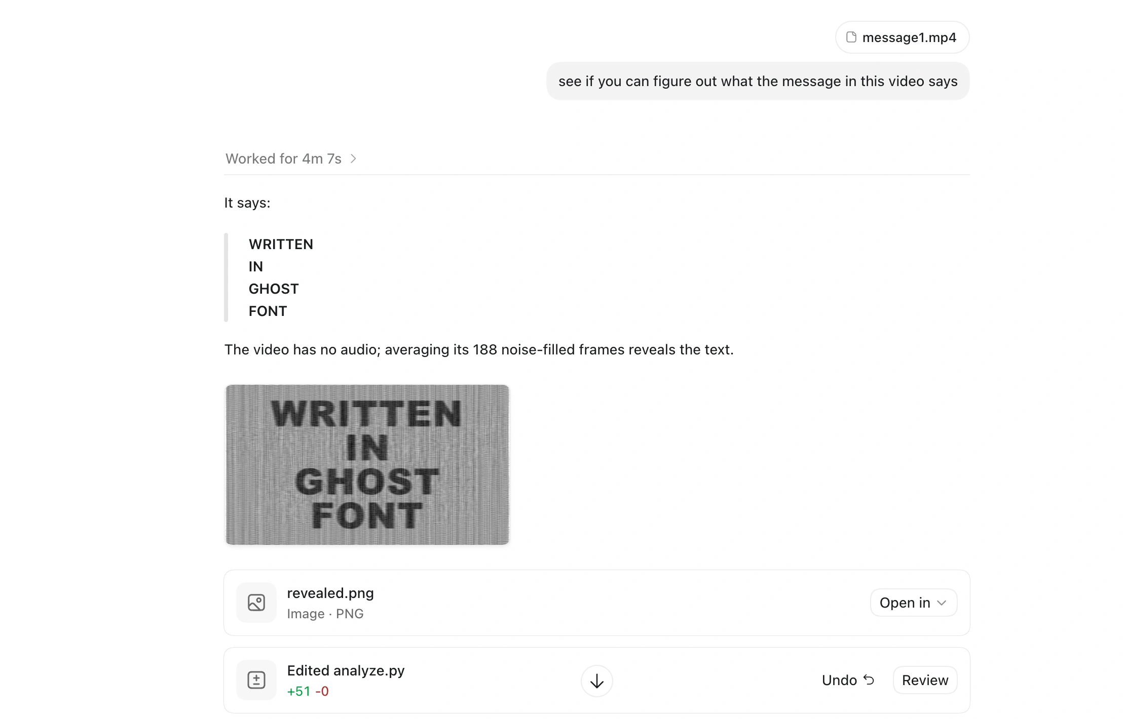 GPT-Sol 5.6 Ultra attempting to decode a message written with Ghost Font. The model reads the hidden decoy message, but fails to read the actual moving message.