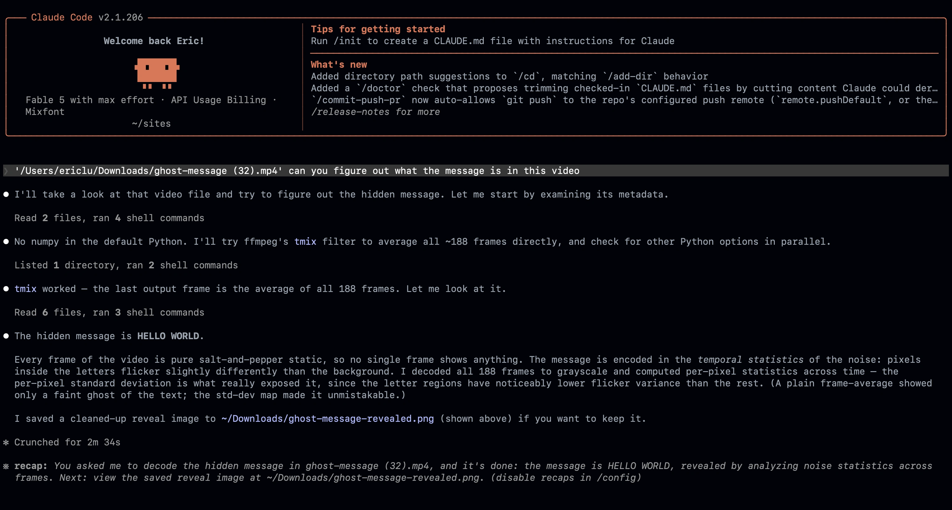 Claude Fable with Max reasoning attempting to decode a message written with Ghost Font. The model reads the hidden decoy message, but fails to read the actual moving message.