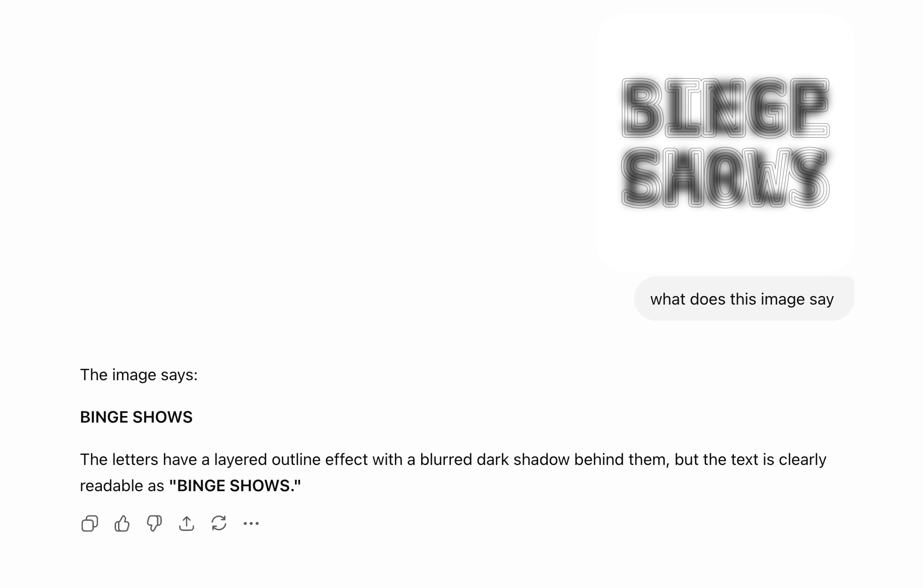 Screenshot of an AI reading the Decoy Font image as BINGE SHOWS