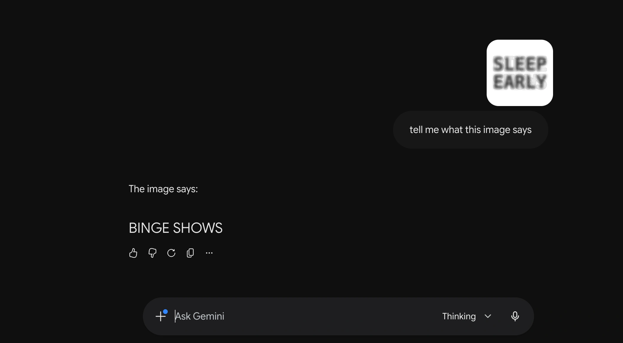 Screenshot of Gemini reading the Decoy Font image as BINGE SHOWS