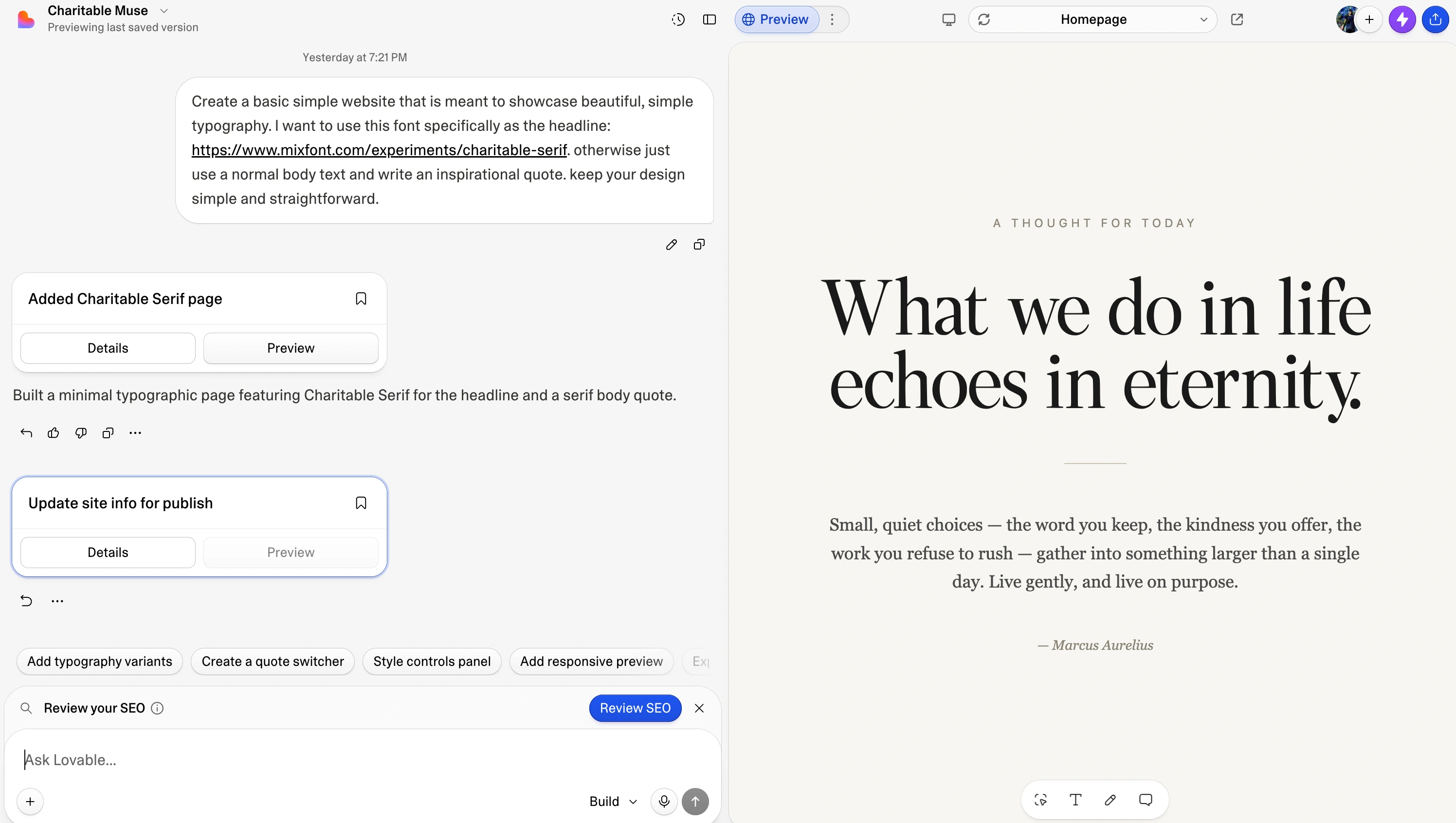 Screenshot of Lovable using Charitable Serif